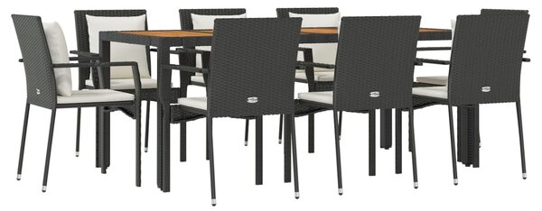 9 részes fekete polyrattan kerti étkezőgarnitúra párnákkal
