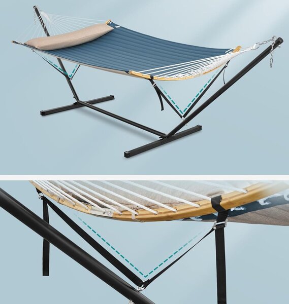 Fém vázas függőágy, párnázott felülettel, állítható, párnával, 200 kg, 300x120x110 cm, kék