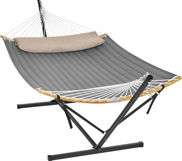 Fém vázas, párnázott felületű, állítható függőágy, párnával, 200 kg teherbírás, 300x120x110 cm, szürke