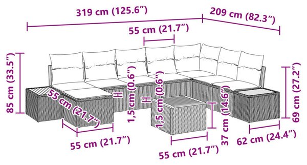 9 Darabos Kert Kanapé Szett Párnákkal Bézs Poli Rattan Akáccal