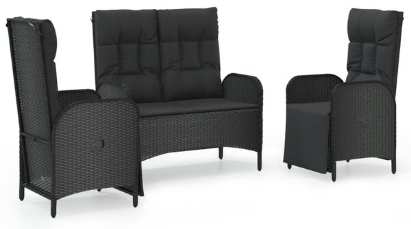 3 részes fekete polyrattan kerti étkezőgarnitúra párnákkal
