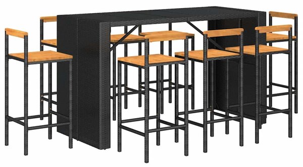 9 részes fekete polyrattan és tömör akácfa kerti bárszett