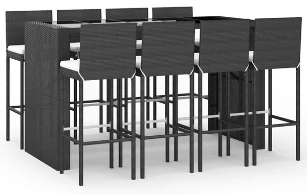 9 részes fekete polyrattan kerti bárszett párnával