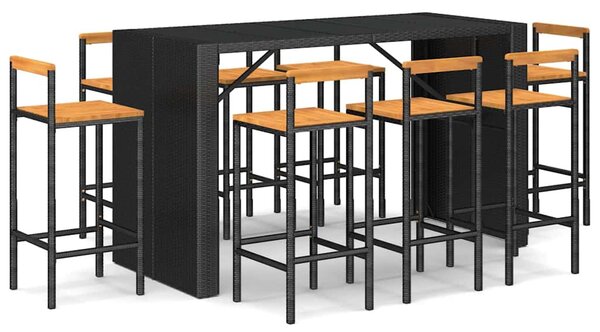 9 részes fekete polyrattan és tömör akácfa kerti bárszett