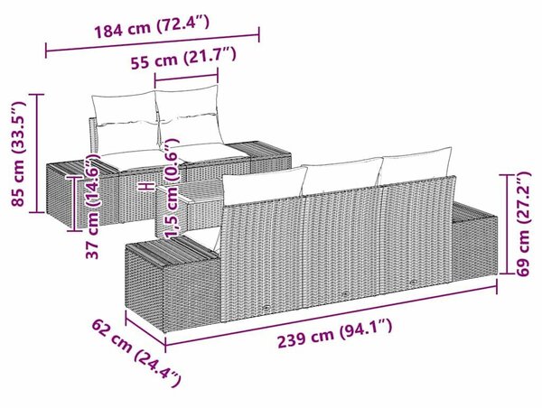 6 Részes Kerti Kanapé Szett Párnákkal Szürke Poli Rattan Akác