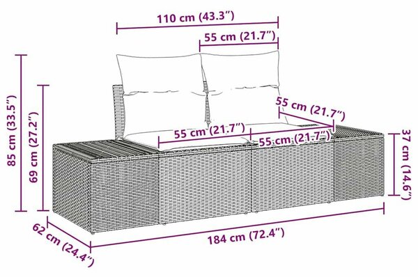 6 Részes Kerti Kanapé Szett Párnákkal Szürke Poli Rattan Akác