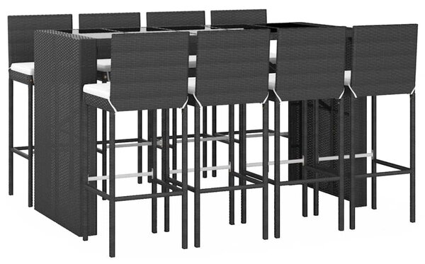 9 részes fekete polyrattan kerti bárszett párnával