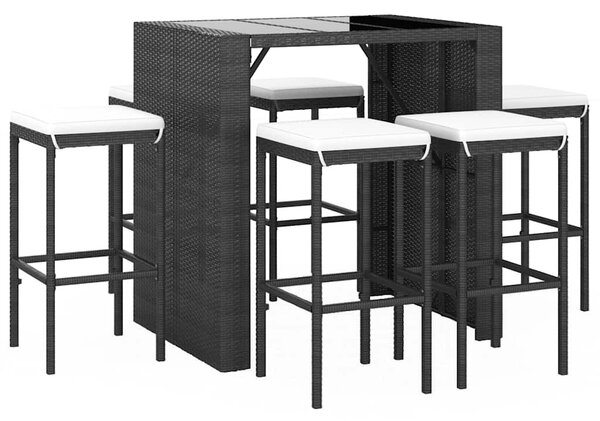 7 részes fekete polyrattan kerti bárszett párnákkal