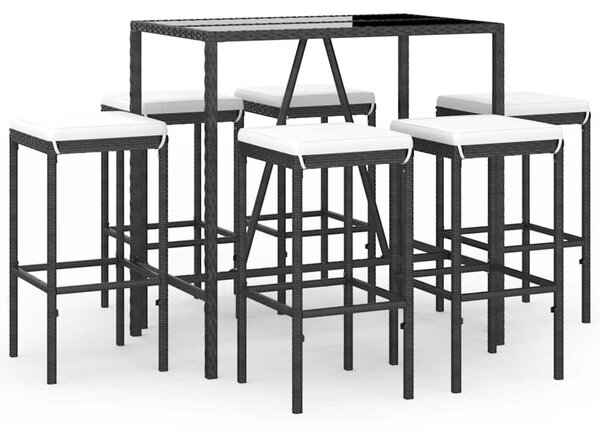 7 részes fekete polyrattan kerti bárszett párnákkal