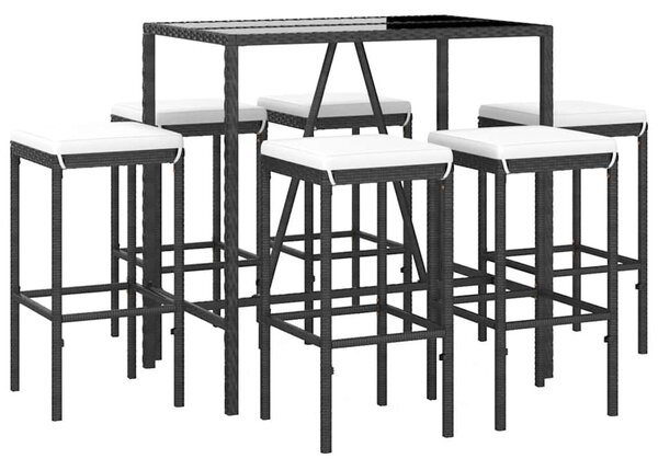 7 részes fekete polyrattan kerti bárszett párnákkal