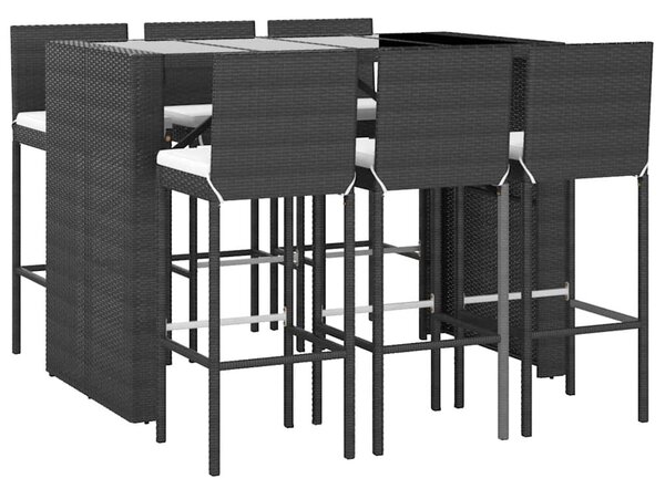 7 részes fekete polyrattan kerti bárszett párnákkal