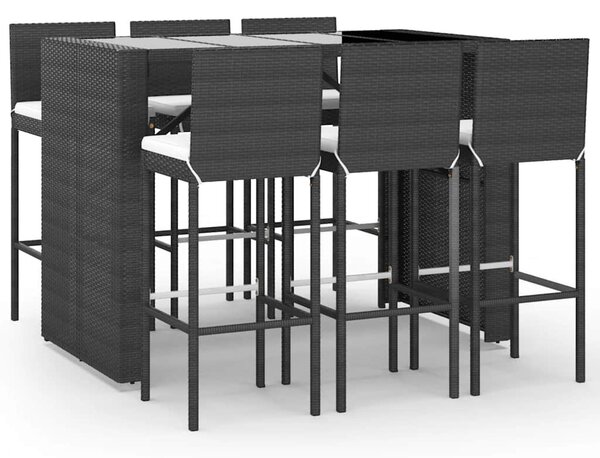 7 részes fekete polyrattan kerti bárszett párnákkal