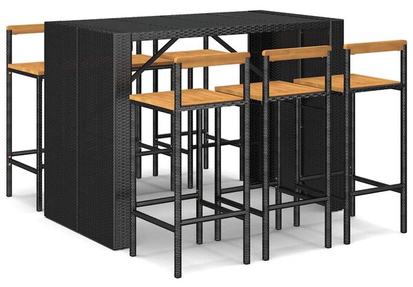 7 részes fekete polyrattan és tömör akácfa kerti bárszett