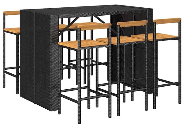 7 részes fekete polyrattan és tömör akácfa kerti bárszett