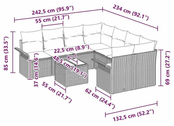 9 darabos kertikanapé szett párnákkal bézs poli rattan
