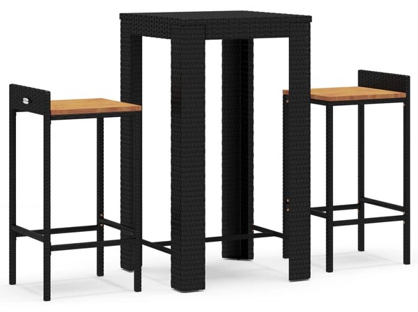 3 részes fekete polyrattan és tömör akácfa kerti bárszett