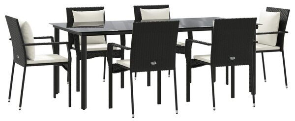 7 részes fekete polyrattan kerti étkezőgarnitúra párnával