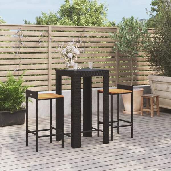 3 részes fekete polyrattan és tömör akácfa kerti bárszett