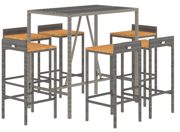7 részes szürke polyrattan és tömör akácfa kerti bárszett