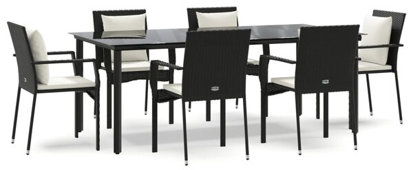 7 részes fekete polyrattan kerti étkezőgarnitúra párnával