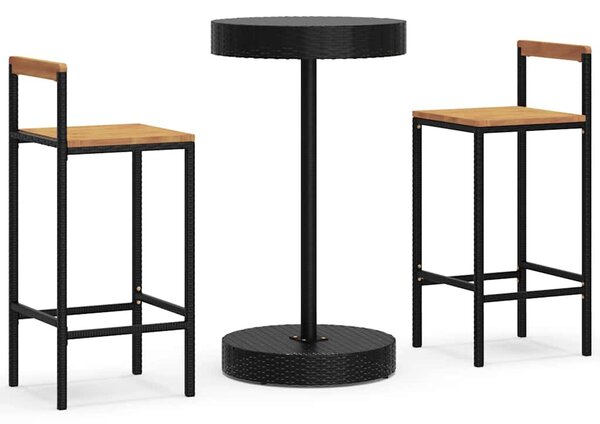 3 részes fekete polyrattan és tömör akácfa kerti bárszett