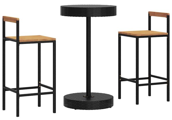 3 részes fekete polyrattan és tömör akácfa kerti bárszett