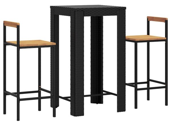 3 részes fekete polyrattan és tömör akácfa kerti bárszett