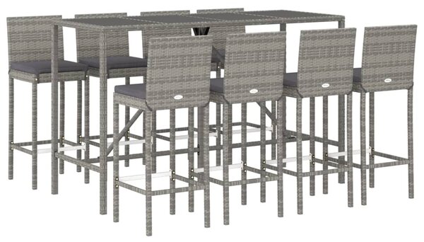 9 részes szürke polyrattan kerti bárszett párnával