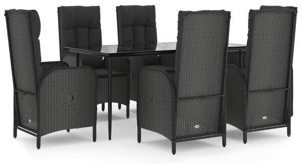 7 részes fekete polyrattan kerti étkezőgarnitúra párnával