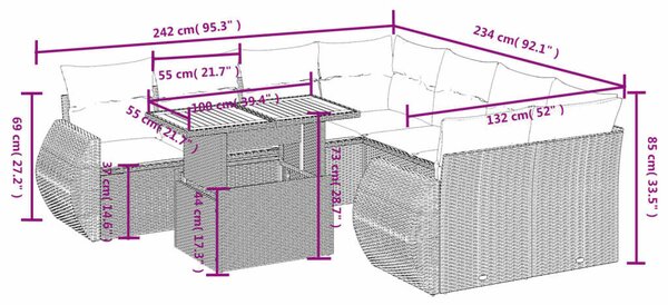 VidaXL Polyrattan Kerti Ülőgarnitúra - 9 részes - Fekete