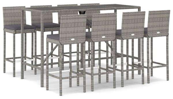 9 részes szürke polyrattan kerti bárszett párnával