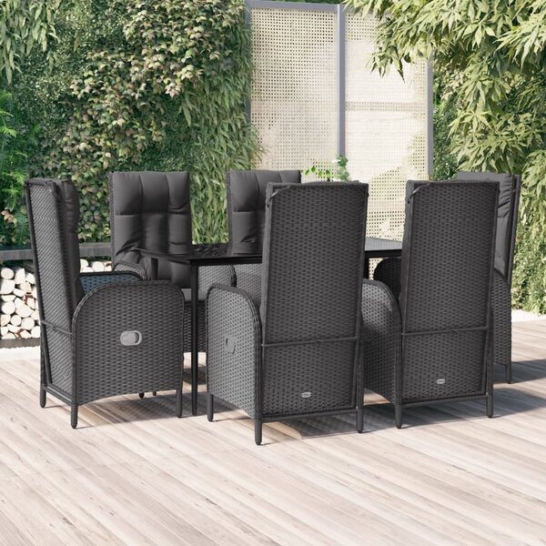7 részes fekete polyrattan kerti étkezőgarnitúra párnával