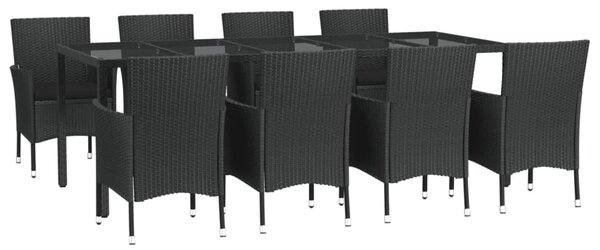 9 részes fekete polyrattan kerti étkezőgarnitúra párnákkal