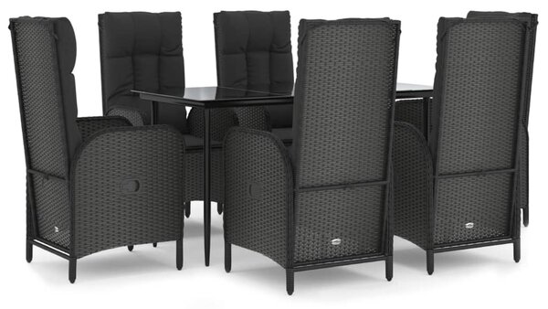 7 részes fekete polyrattan kerti étkezőgarnitúra párnával