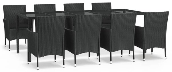 9 részes fekete polyrattan kerti étkezőgarnitúra párnákkal