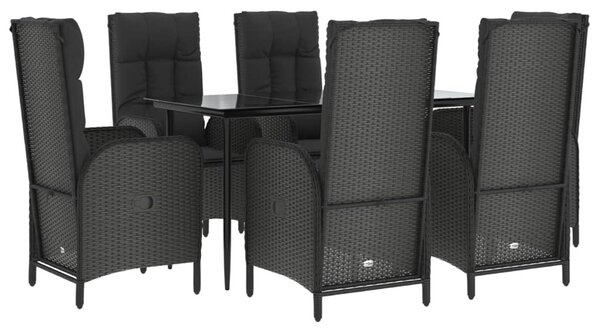 7 részes fekete polyrattan kerti étkezőgarnitúra párnával