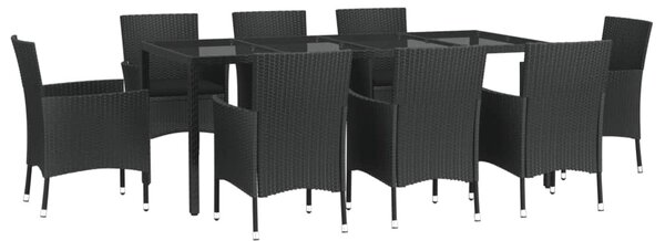 9 részes fekete polyrattan kerti étkezőgarnitúra párnákkal