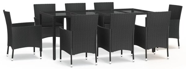 9 részes fekete polyrattan kerti étkezőgarnitúra párnákkal