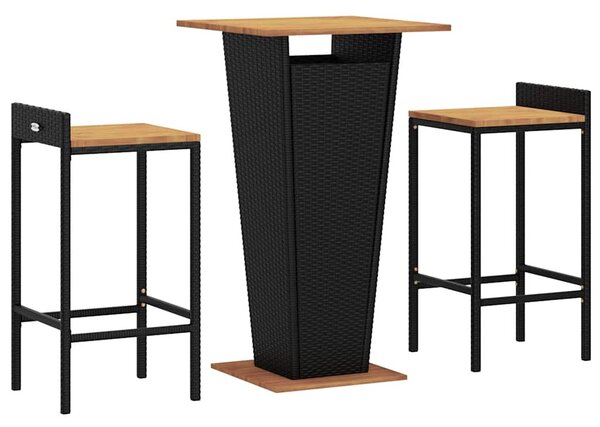 3 részes fekete polyrattan és tömör akácfa kerti bárszett
