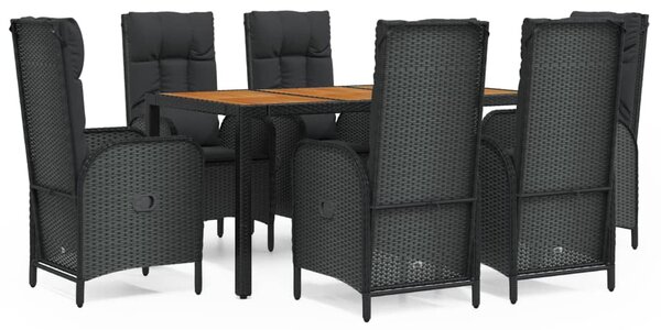 7 részes fekete polyrattan kerti étkezőgarnitúra párnával