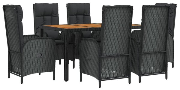 7 részes fekete polyrattan kerti étkezőgarnitúra párnával