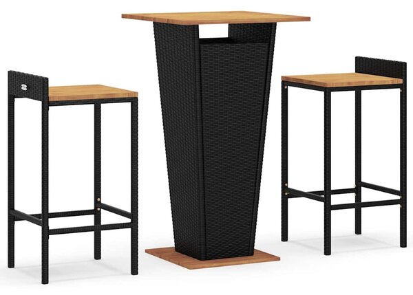 3 részes fekete polyrattan és tömör akácfa kerti bárszett