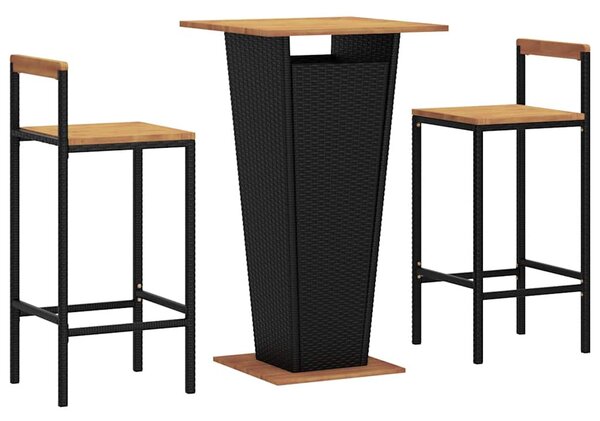 3 részes fekete polyrattan és tömör akácfa kerti bárszett