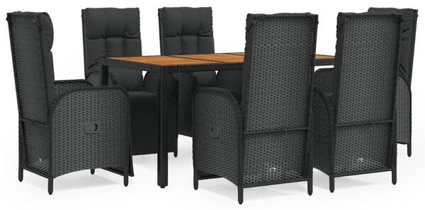 7 részes fekete polyrattan kerti étkezőgarnitúra párnával