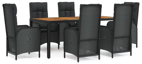 7 részes fekete polyrattan kerti étkezőgarnitúra párnával