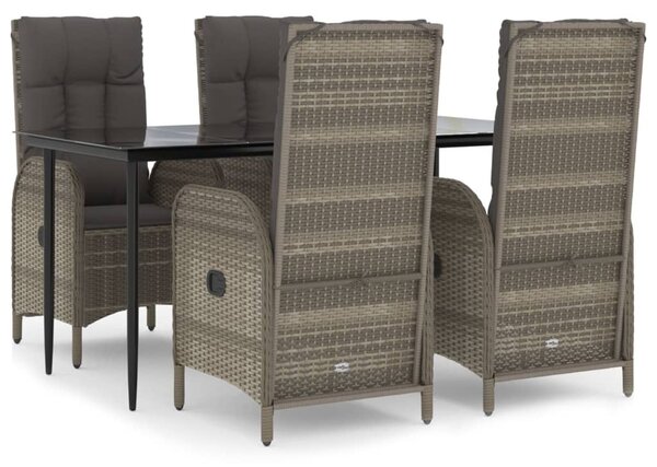 5 részes fekete és szürke polyrattan kerti étkezőszett párnával