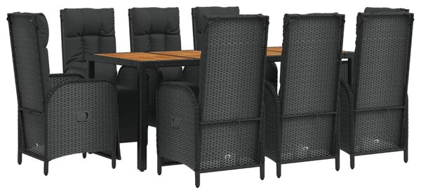 9 részes fekete polyrattan kerti étkezőgarnitúra párnákkal