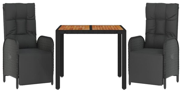 3 részes fekete polyrattan kerti étkezőgarnitúra párnákkal