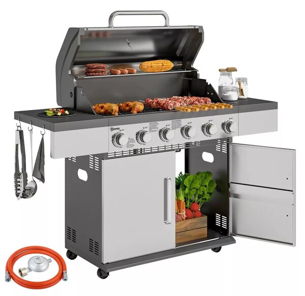 Outsunny Gázgrill 8500BTU, grillkocsi 6 rozsdamentes acél égővel, hőmérővel, nyomásszabályozóval, ezüst