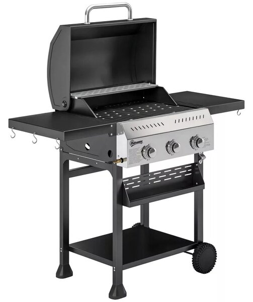 Gázgrill 9 KW 3 égős BBQ grillkocsi rozsdamentes acélból, összecsukható oldalsó asztallal, fűszertartóval